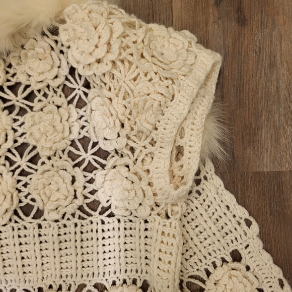Love Token Crochet Fox Fur Collar Cardigan,Sweater,Jacket Size Large Ivory - Picture 12 of 13